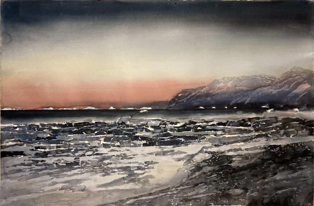 Akvarell föreställande ett kargt polarlandskap med orangefärgad horisont.